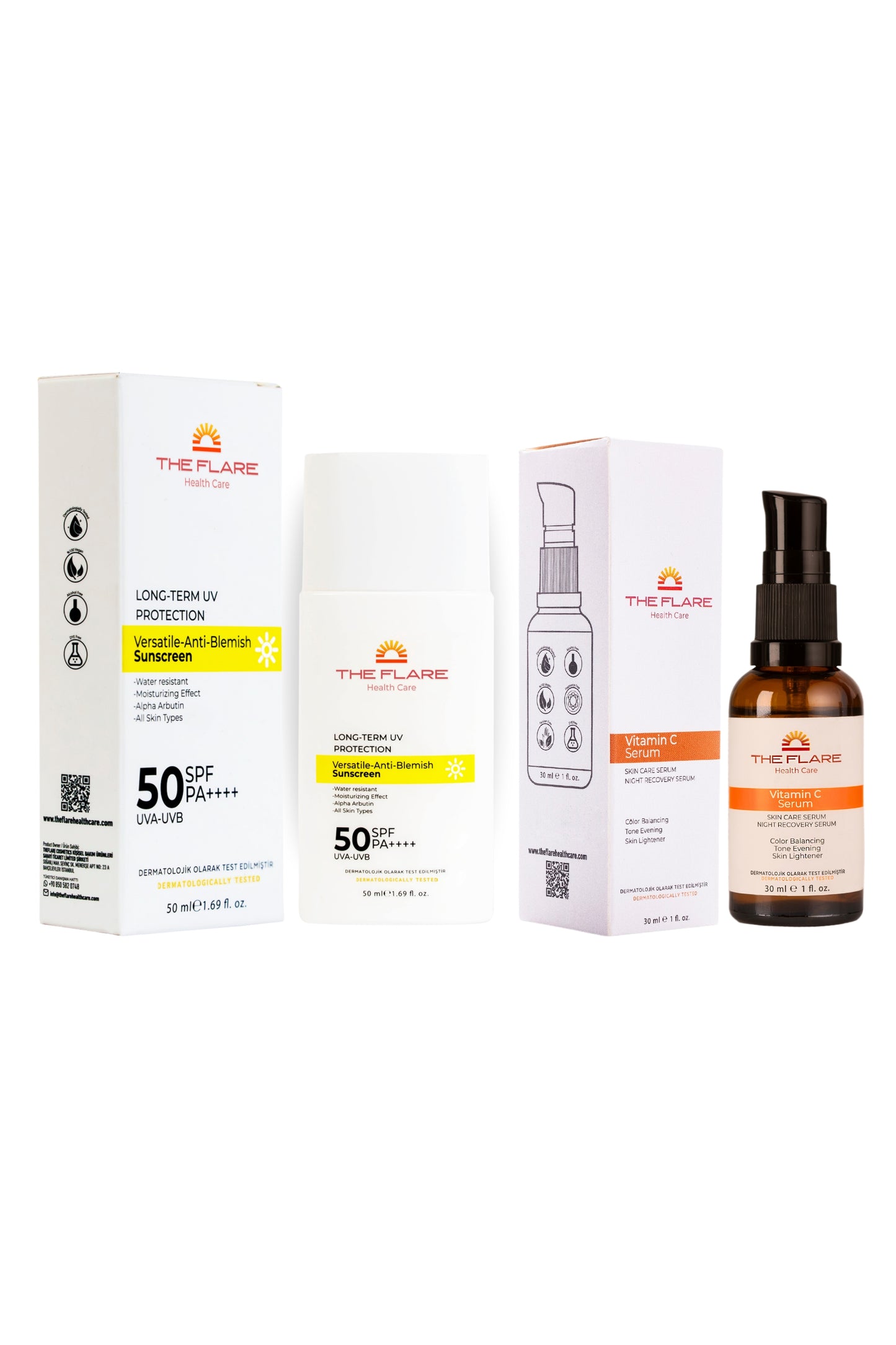 Cilt Tonu Eşitleyici Ve Aydınlatıcı %10 C Vitamini Serum - 50 Spf+ Yüz Güneş Kremi Tüm Ciltler İçin - The Flare Health Care