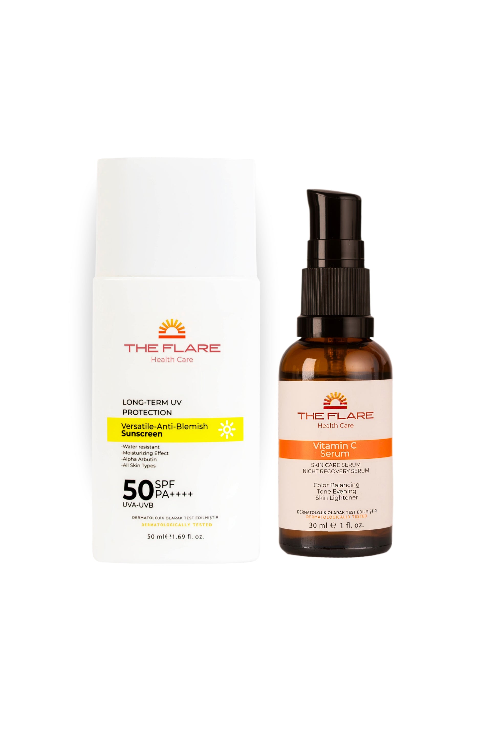 Cilt Tonu Eşitleyici Ve Aydınlatıcı %10 C Vitamini Serum - 50 Spf+ Yüz Güneş Kremi Tüm Ciltler İçin - The Flare Health Care