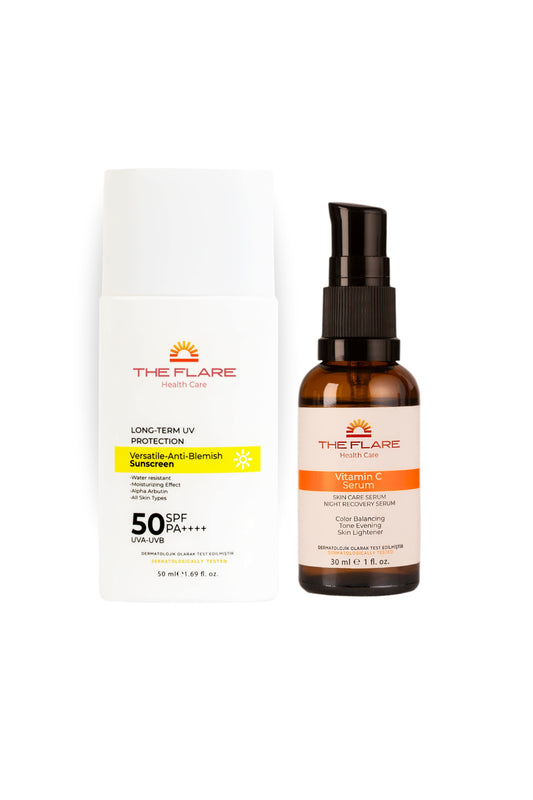 Cilt Tonu Eşitleyici Ve Aydınlatıcı %10 C Vitamini Serum - 50 Spf+ Yüz Güneş Kremi Tüm Ciltler İçin - The Flare Health Care