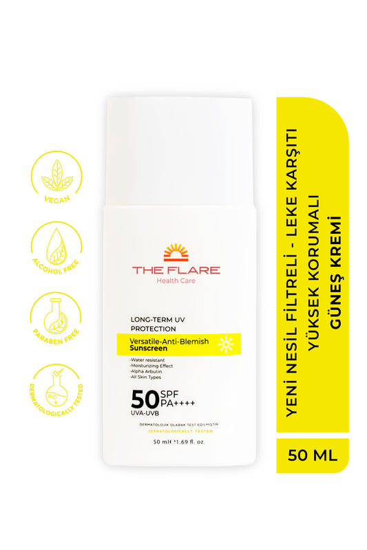 Yeni Nesil Filtreli - Leke Karşıtı Yüksek Korumalı 50 Spf+ Yüz Güneş Kremi  Tüm Ciltler İçin  50 ml - The Flare Health Care